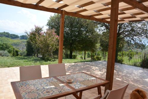 a table and chairs under a pergola on a patio at Casale Fusco in Spoleto
