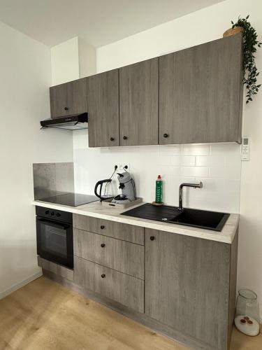 a kitchen with wooden cabinets and a sink at Petit appartement central Chimay in Chimay