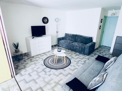un salon avec un canapé et une télévision dans l'établissement Appartement T2 40m2 à DEUX PAS centre PORT, au Cap d'Agde