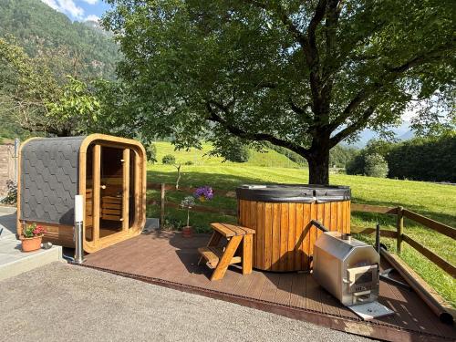 a tiny house and a television on a deck at Mitten in den Glarner Alpen Hot Tub & Alpenblick in Ennenda