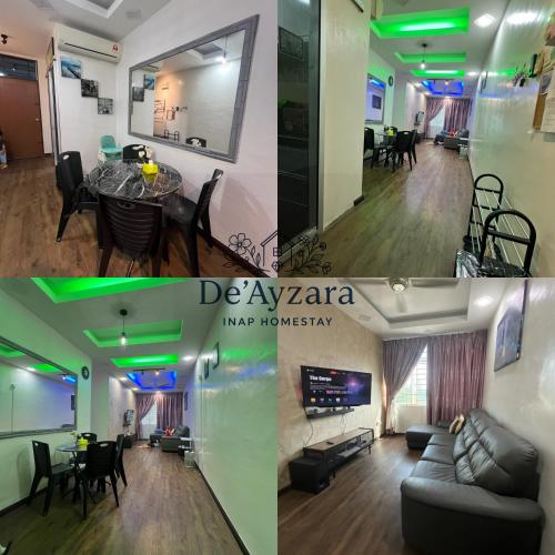 a living room and a dining room with green lights at DeAyzara Inap Homestay in Sandakan