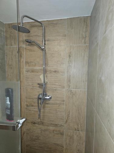 a shower in a bathroom with a wooden wall at Apartmán Juraj Čarný in Michalovce