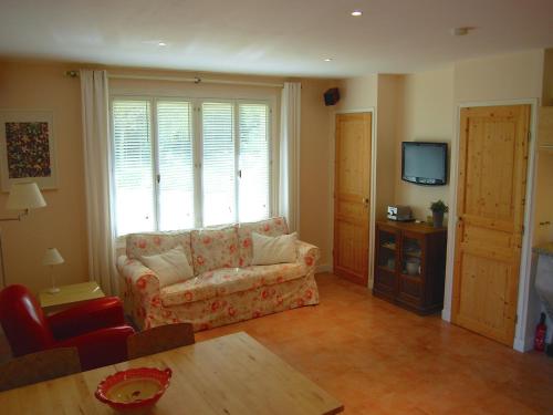 un salon avec un canapé et une télévision dans l'établissement Lovely Cottage in Valréas with Swimming Pool, à Valréas