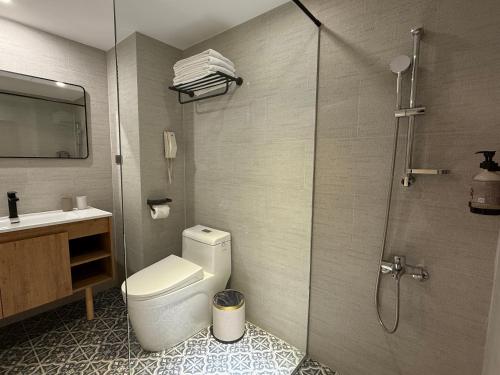 a bathroom with a shower and a toilet and a sink at T Hotel in Taichung
