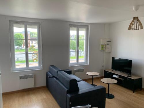 un salon avec un canapé et une télévision dans l'établissement Charmant T2 meublé, à Saint-Laurent-en-Caux