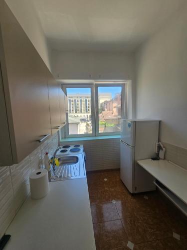 プリシュティナにあるLioNa Center Apartmentの小さなキッチン(コンロ、冷蔵庫付)