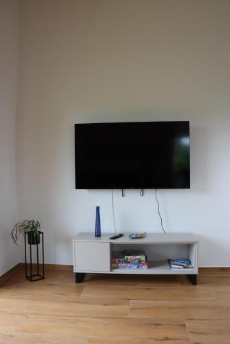 a flat screen tv on a white wall in a living room at cozy cube 1 Luxury Apartments, nah an der Messe, 30 Minuten zu den Bergen und Seen, 20 Minuten nach München in Glonn