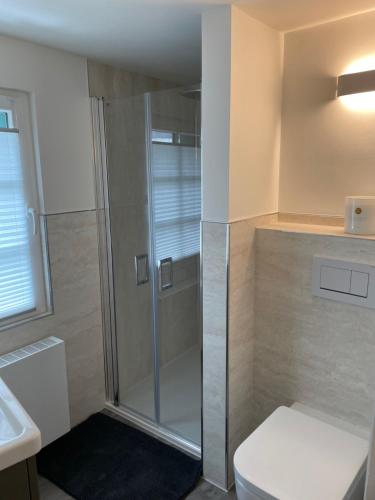 a bathroom with a shower with a toilet and a sink at Ferienhaus Schröder OM 3 Altstadt in Monschau