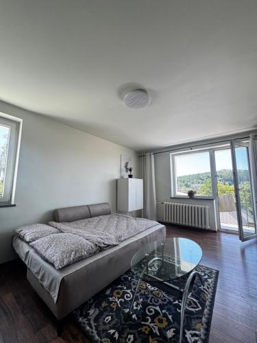 a bedroom with a bed and a glass table at Apartament Chełmiec przy Szczawnie-Zdrój in Wałbrzych