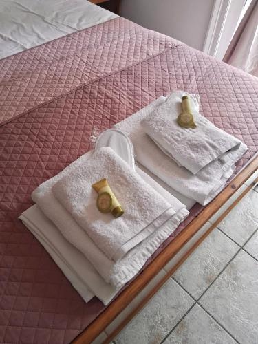 a pair of towels on a bed with at Aegli Hotel Studios in Skala Potamias