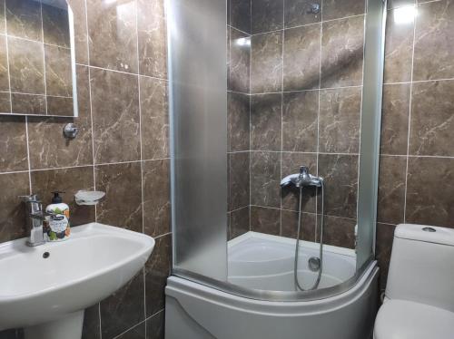 un bagno con doccia, WC e lavandino di Ushba House a Mestia