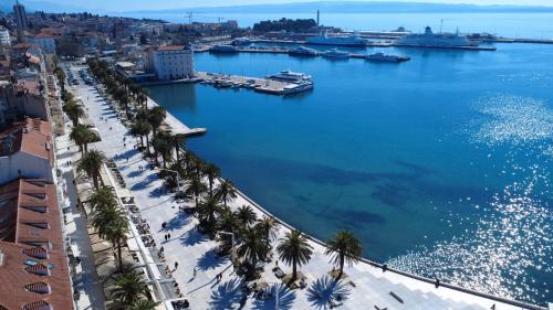 Luftaufnahme eines Strandes mit Palmen und einem Hafen in der Unterkunft Tortosa Blue in Split
