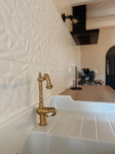 La salle de bains est pourvue d'un lavabo avec un robinet en or. dans l'établissement La Casa d'Opale, maison de vacances 14 couchages, à Montauban