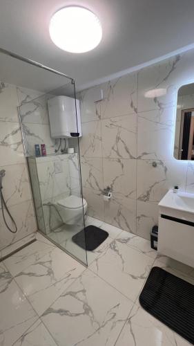 a bathroom with a toilet and a glass shower at White house Paradise in Bihać