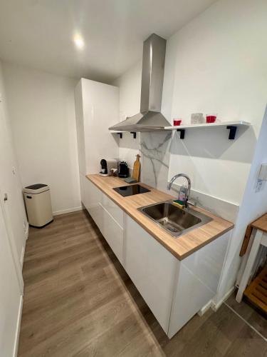 une petite cuisine avec un évier et une cuisinière dans l'établissement A deux pas des plages, à Vallauris