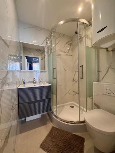 une salle de bain avec une douche, des toilettes et un lavabo dans l'établissement A deux pas des plages, à Vallauris