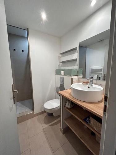 une salle de bain avec un lavabo et des toilettes dans l'établissement Au bonheur du Fez, à Orgnac-lʼAven