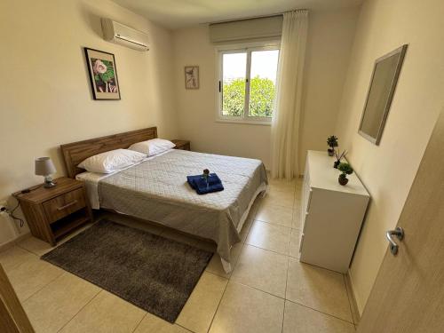 a small bedroom with a bed and a window at The Ground Suite in Tersephanou