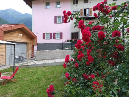 a red rose bush in front of a house at Apartments and holidays Cav Chiara Tione di Trento in Tione di Trento