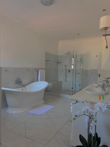 a bathroom with a tub and a glass shower at Adinkra Boutique Hotel in Johannesburg