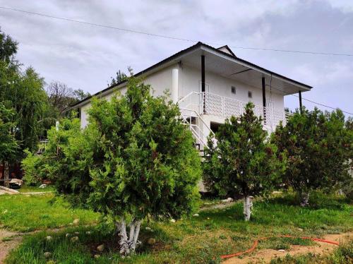 a white house with two trees in front of it at Arnabat Guest house in Bosteri
