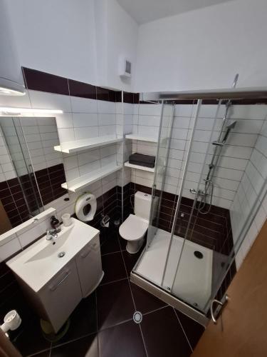 un bagno con WC, lavandino e doccia di Apartment River a Sarandë