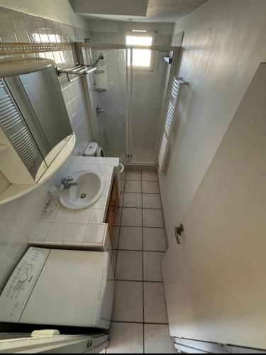 une petite salle de bain avec un lavabo et une douche dans l'établissement Appartement front de mer, plage vue mer, à Grimaud