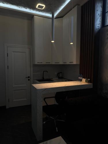 a kitchen with a sink and a counter in a dark room at AlenAr Hotel in Yerevan