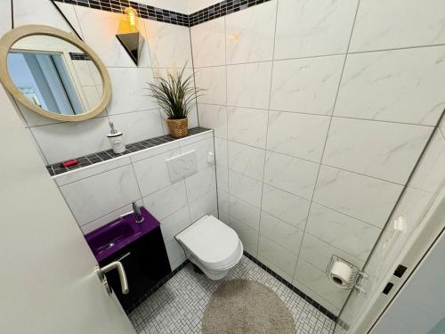 a small bathroom with a toilet and a mirror at Luxurious Apartment in Leverkusen in Leverkusen