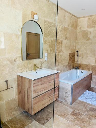 une salle de bain avec une baignoire, un lavabo et un miroir dans l'établissement Gîte du dousset, à Esclottes