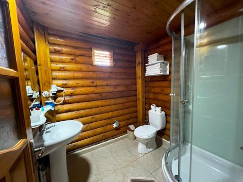 a bathroom with a toilet and a sink and a shower at Woodline Hotel in Kemer