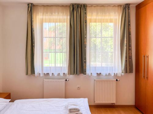 a bedroom with a bed and two windows at Apartmány Nový Svět in Třeboň II