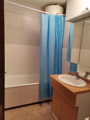 La salle de bains est pourvue d'un lavabo et d'un rideau de douche bleu. dans l'établissement Le Chitelet, vue montagne appt 215, à La Bresse