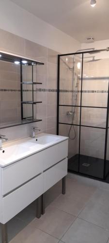 une salle de bain avec un lavabo blanc et une douche dans l'établissement AGREABLE T4 centre D'AX-LES-THERMES, à Ax-les-Thermes