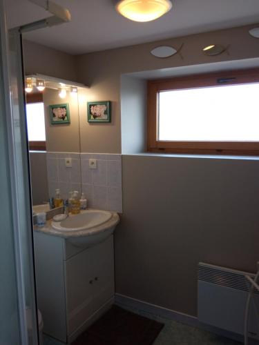 une salle de bain avec un lavabo et un miroir dans l'établissement gite proche de la ria d'ETEL, à Plouhinec