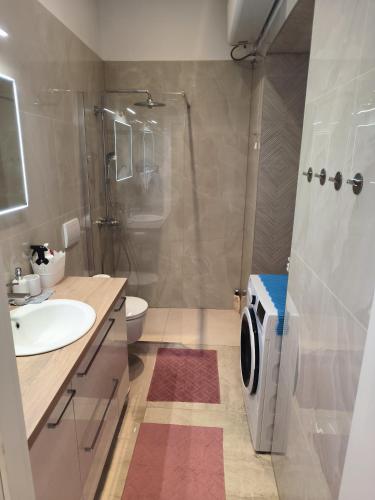 a bathroom with a shower and a sink and a washing machine at Apartman Beti in Opatija