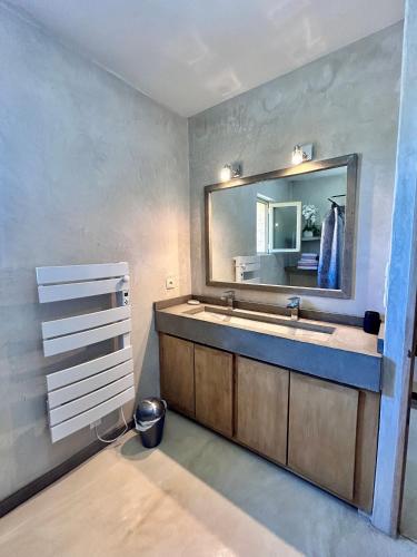 une salle de bain avec un lavabo et un grand miroir dans l'établissement Gîte les hirondelles, à Aigaliers