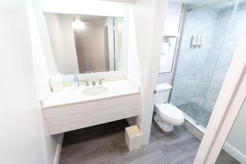 ein Bad mit einem Waschbecken, einer Dusche und einem WC in der Unterkunft Pirate's Cove Resort and Marina - Stuart in Stuart
