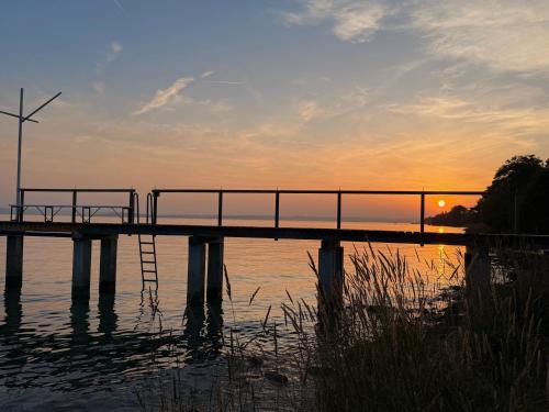 a pier in the water with a windmill at Boutique Hotel Villa am See in Hagnau