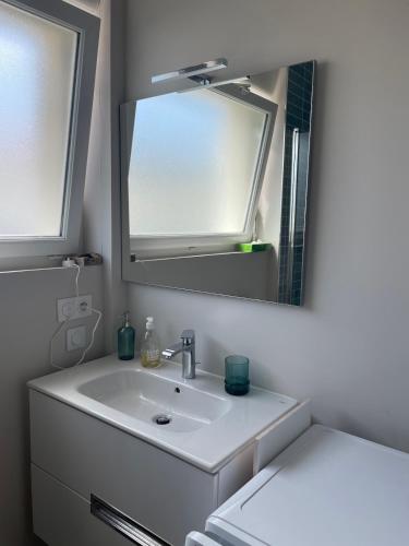 une salle de bain avec un lavabo et un miroir dans l'établissement Wissant-sur-Mer, à Wissant
