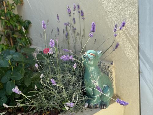 une statue de chat vert assis à côté de fleurs violettes dans l'établissement Rare, private garden, 2bdr, Monaco border, à Beausoleil