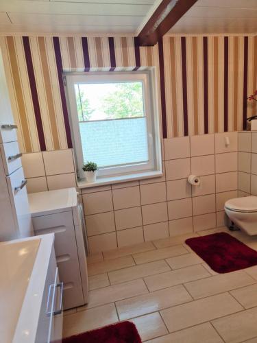 a bathroom with a sink toilet and a window at Ferienwohnung Hein sien Huus Rodenäs Nordfriesland in Rodenäs