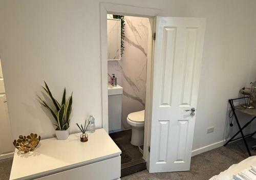 un bagno bianco con un water e un lavandino di Peeams Abode Erith a Erith