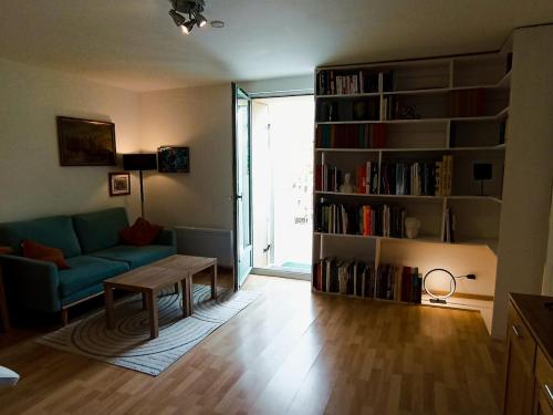 een woonkamer met een bank en een boekenplank bij Cozy independent studio in Roussillon en Isere