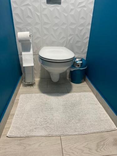 La salle de bains est pourvue de toilettes et d'un tapis blanc. dans l'établissement Belle appartement calme proche aéroport 80m2, à Vitrolles