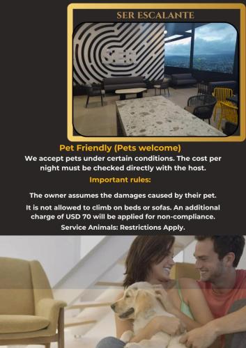 a flyer for a hotel with a man and a woman and a dog at Chic Studio in Barrio Escalante in Tapantí