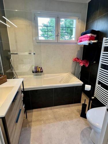 une salle de bain avec baignoire et toilettes dans l'établissement Les Acacias, à La Milesse