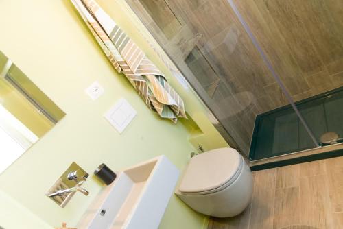 a bathroom with a white toilet and a shower at Matinee Rooms in Mattinata