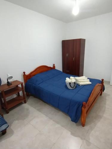 a bedroom with a bed with a blue comforter at Las Dos Tinajas in La Punta