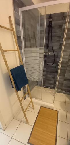 - une chaise dans la salle de bains pourvue d'une douche dans l'établissement Studio ensoleillé centre ville tour Luma, à Arles